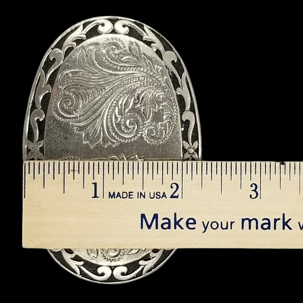 Western Silver Tone Oval Belt Buckle‎ Engraved Paisley Floral Scroll Filigree